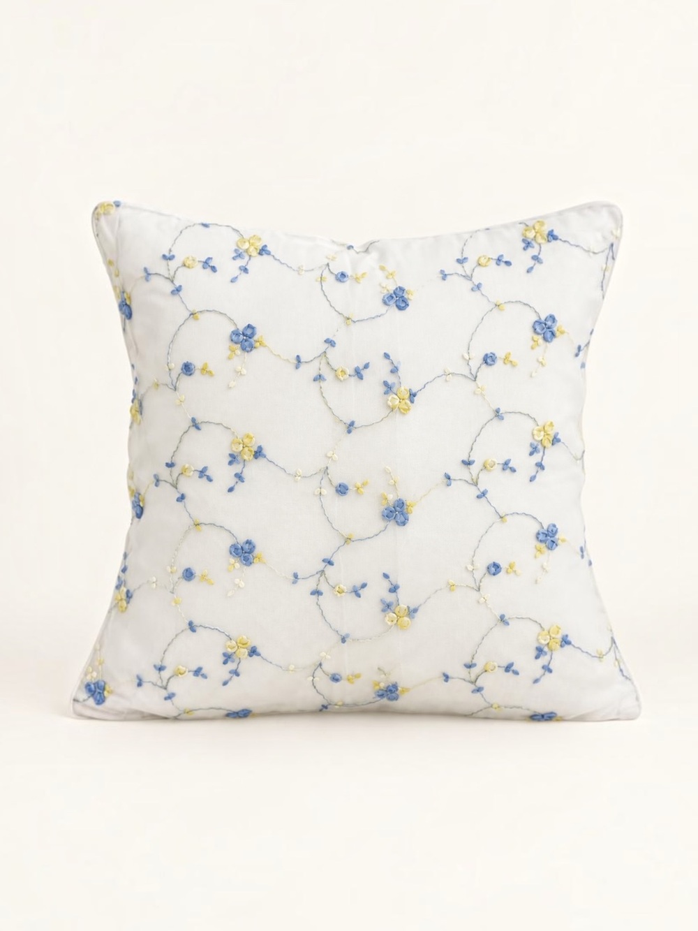 April Cornell Embroidered Floral Pillow Cover 16” White Blue Yellow Cottage